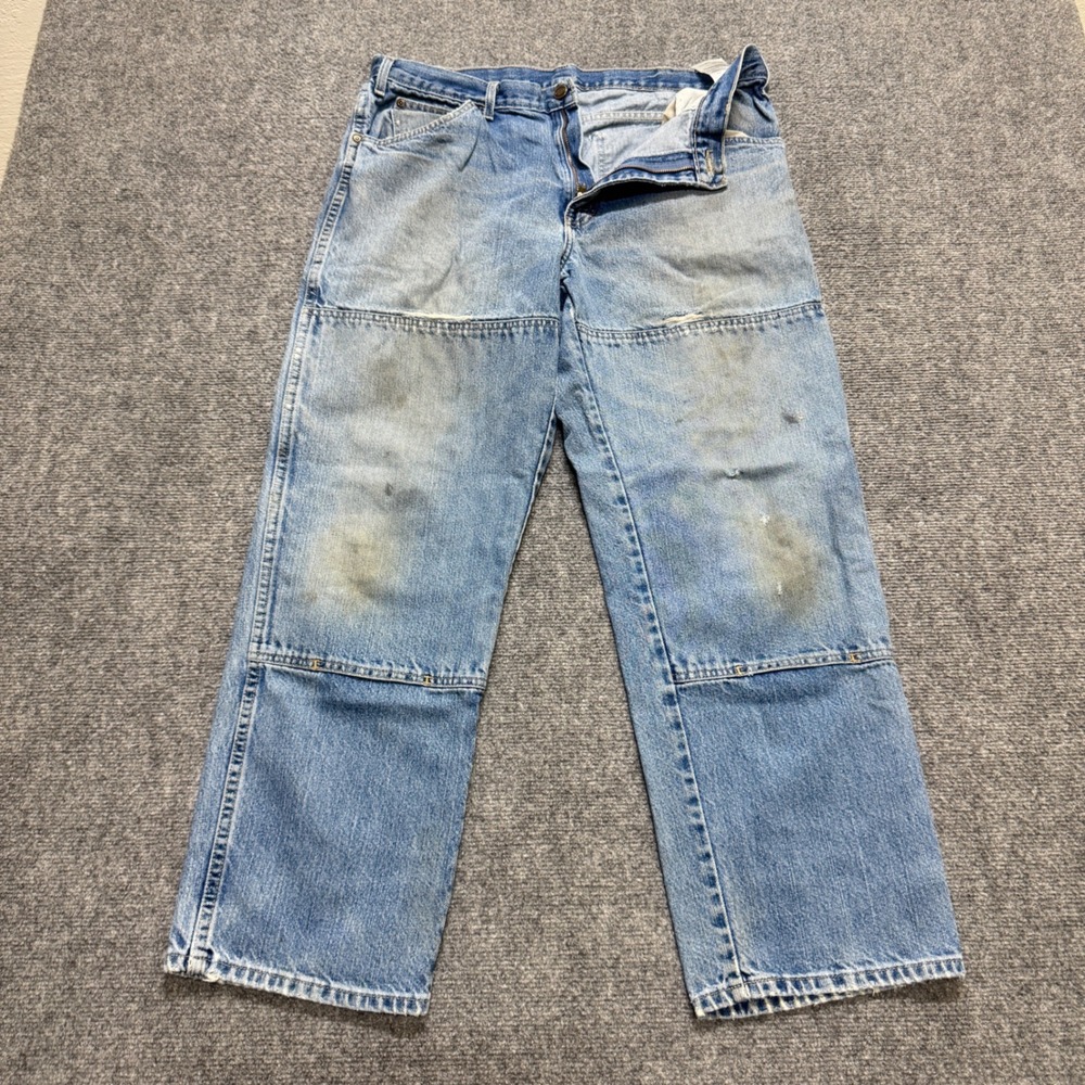 VTG Dickies Double Knee Jeans Men's 34x30 Washed Blue Faded Distressed Carpenter
